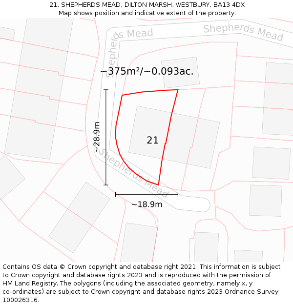 21, SHEPHERDS MEAD, DILTON MARSH, WESTBURY, BA13 4DX: Plot and title map