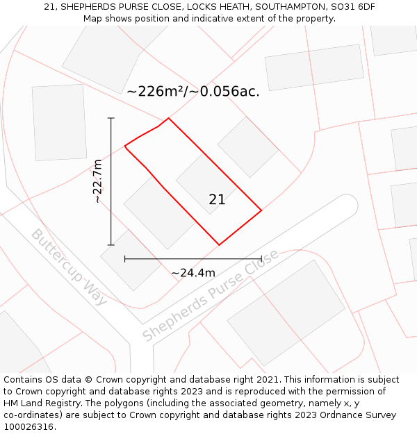 21, SHEPHERDS PURSE CLOSE, LOCKS HEATH, SOUTHAMPTON, SO31 6DF: Plot and title map