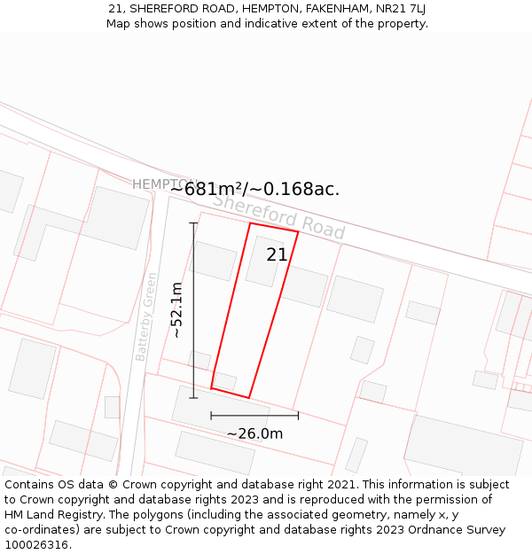 21, SHEREFORD ROAD, HEMPTON, FAKENHAM, NR21 7LJ: Plot and title map