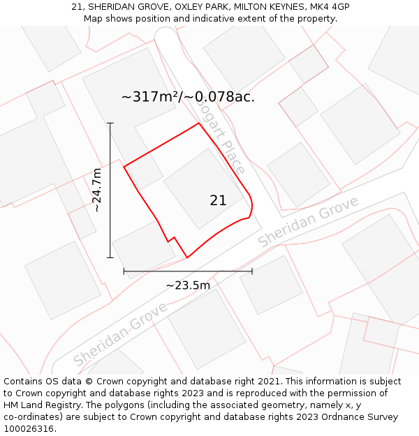 21, SHERIDAN GROVE, OXLEY PARK, MILTON KEYNES, MK4 4GP: Plot and title map