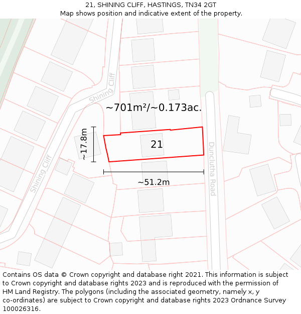 21, SHINING CLIFF, HASTINGS, TN34 2GT: Plot and title map