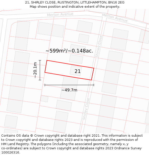 21, SHIRLEY CLOSE, RUSTINGTON, LITTLEHAMPTON, BN16 2EG: Plot and title map