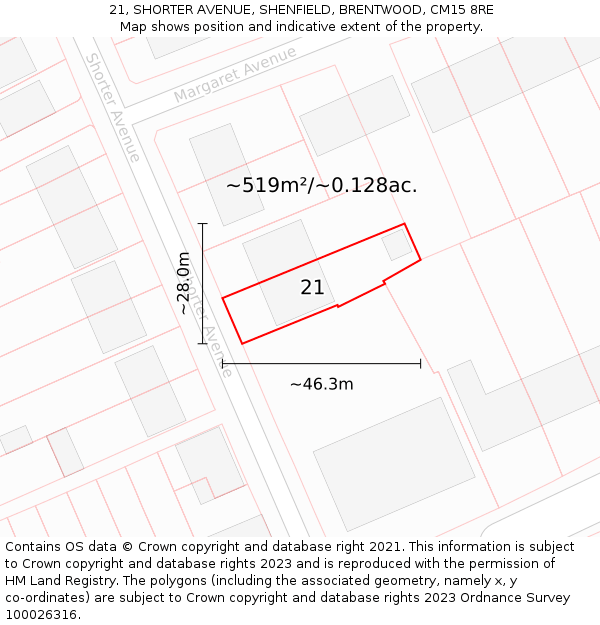 21, SHORTER AVENUE, SHENFIELD, BRENTWOOD, CM15 8RE: Plot and title map