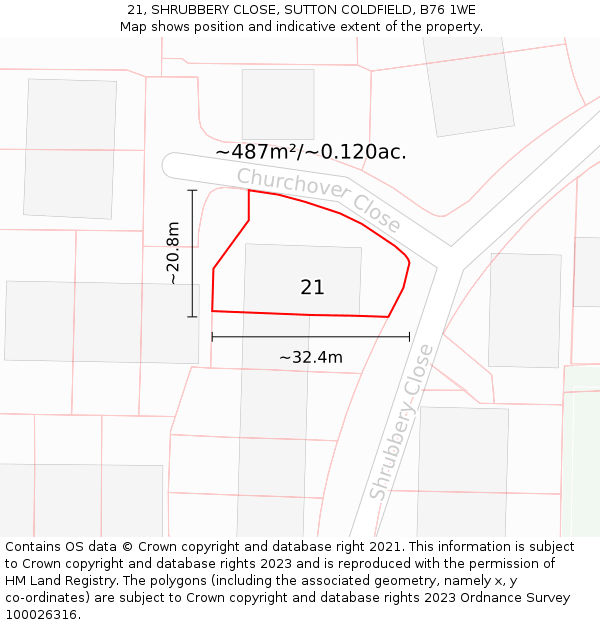 21, SHRUBBERY CLOSE, SUTTON COLDFIELD, B76 1WE: Plot and title map