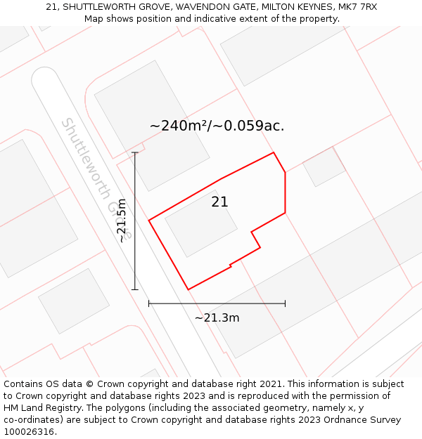 21, SHUTTLEWORTH GROVE, WAVENDON GATE, MILTON KEYNES, MK7 7RX: Plot and title map