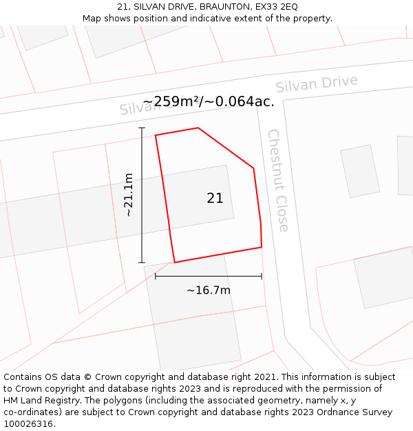 21, SILVAN DRIVE, BRAUNTON, EX33 2EQ: Plot and title map