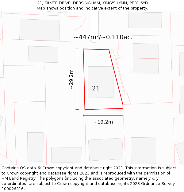 21, SILVER DRIVE, DERSINGHAM, KING'S LYNN, PE31 6YB: Plot and title map
