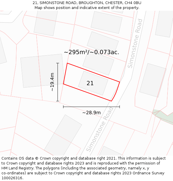 21, SIMONSTONE ROAD, BROUGHTON, CHESTER, CH4 0BU: Plot and title map