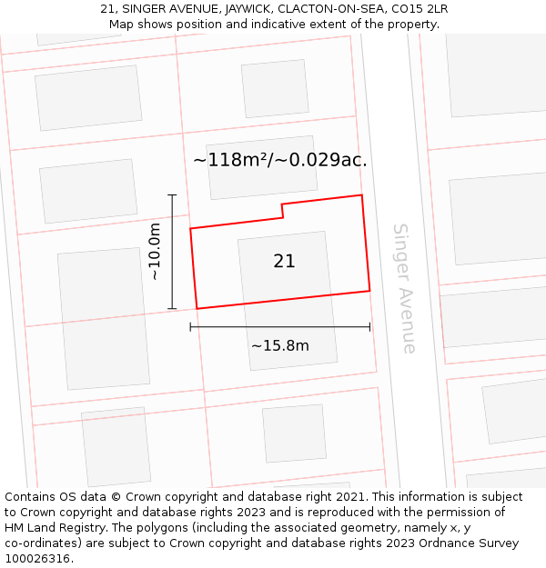 21, SINGER AVENUE, JAYWICK, CLACTON-ON-SEA, CO15 2LR: Plot and title map