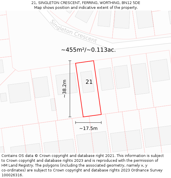21, SINGLETON CRESCENT, FERRING, WORTHING, BN12 5DE: Plot and title map