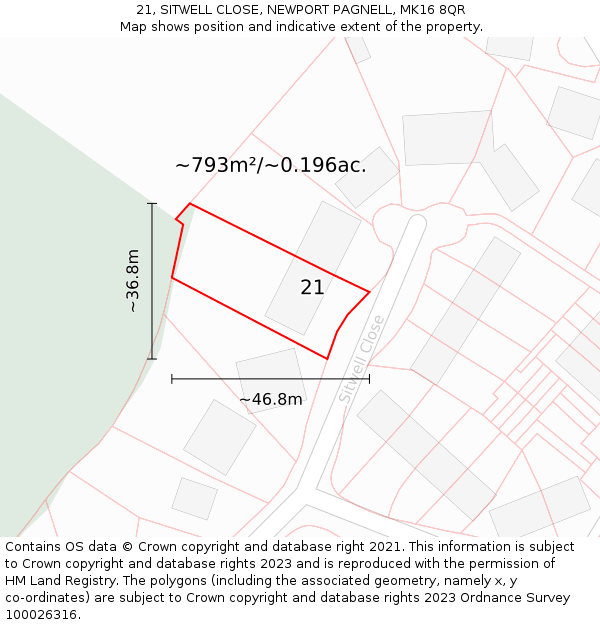 21, SITWELL CLOSE, NEWPORT PAGNELL, MK16 8QR: Plot and title map