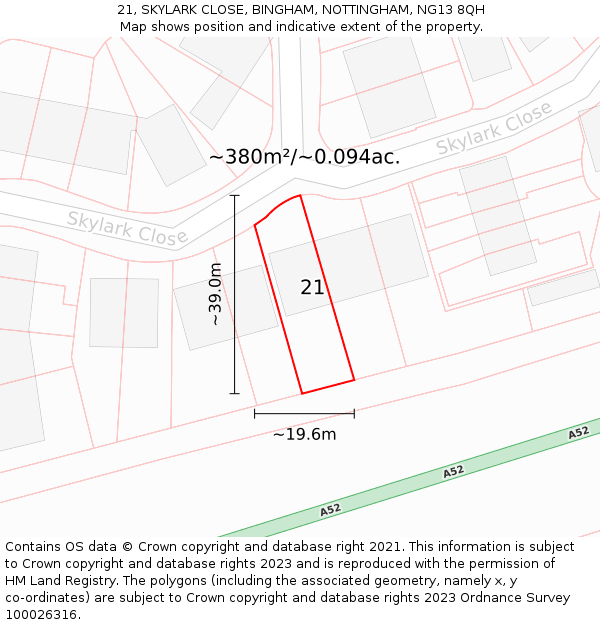 21, SKYLARK CLOSE, BINGHAM, NOTTINGHAM, NG13 8QH: Plot and title map