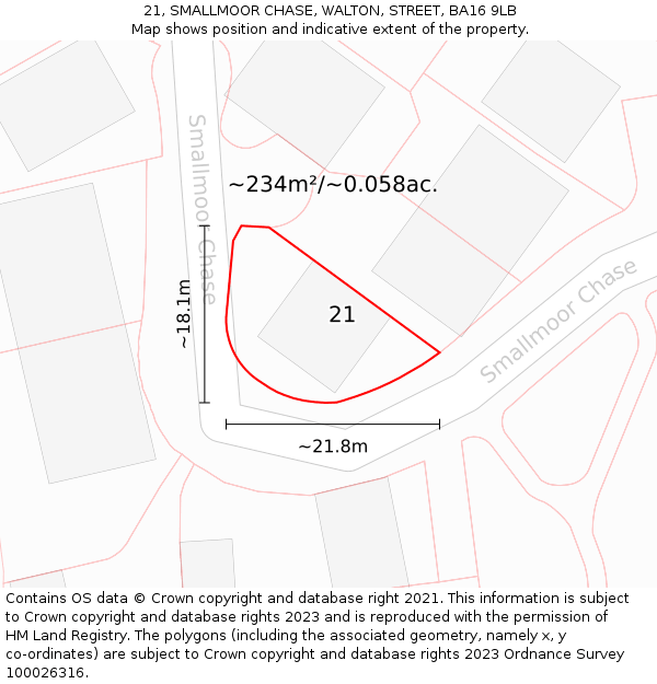 21, SMALLMOOR CHASE, WALTON, STREET, BA16 9LB: Plot and title map