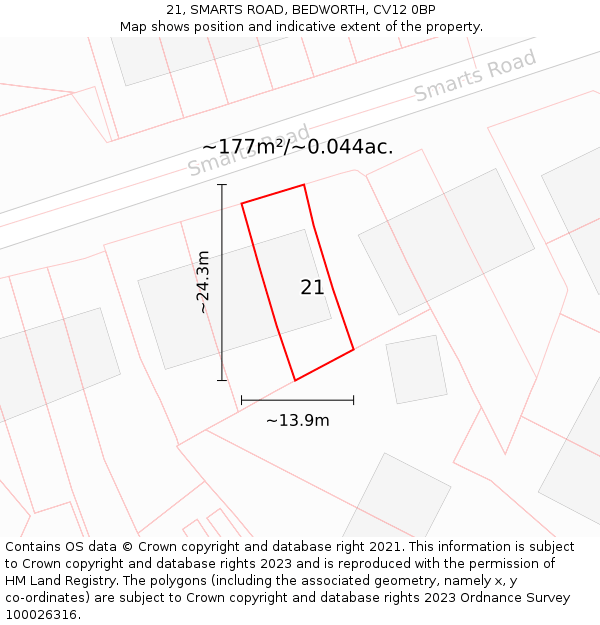 21, SMARTS ROAD, BEDWORTH, CV12 0BP: Plot and title map
