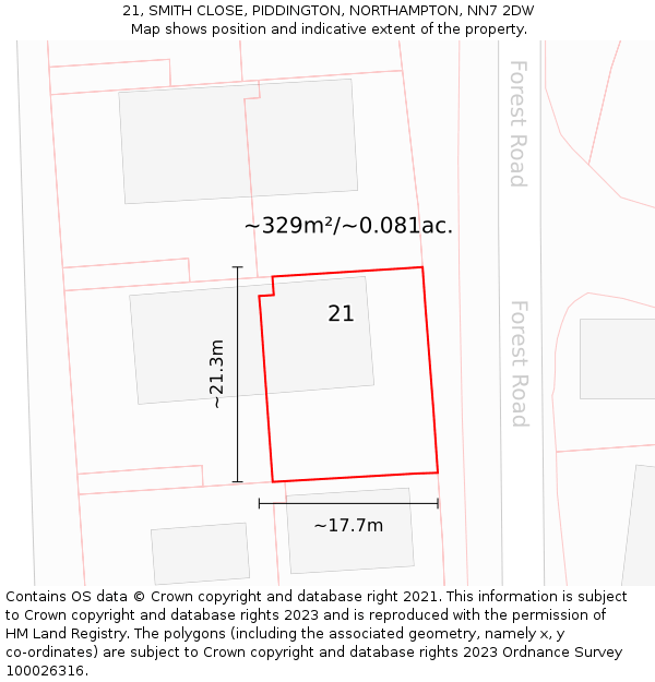 21, SMITH CLOSE, PIDDINGTON, NORTHAMPTON, NN7 2DW: Plot and title map