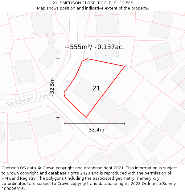 21, SMITHSON CLOSE, POOLE, BH12 5EY: Plot and title map