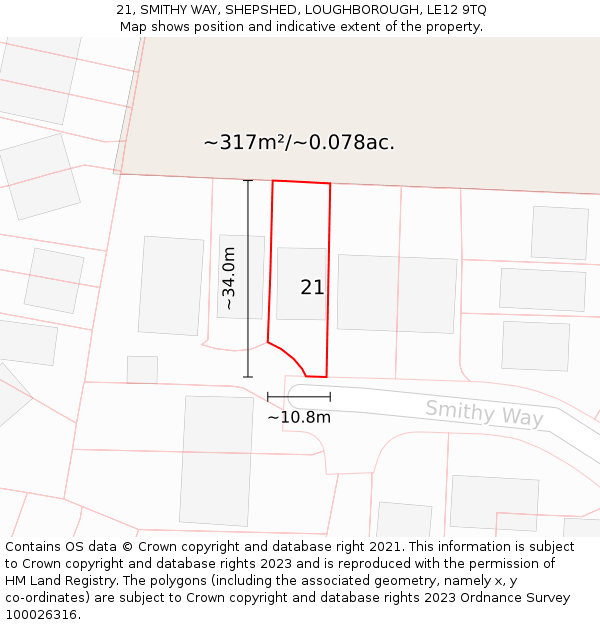 21, SMITHY WAY, SHEPSHED, LOUGHBOROUGH, LE12 9TQ: Plot and title map