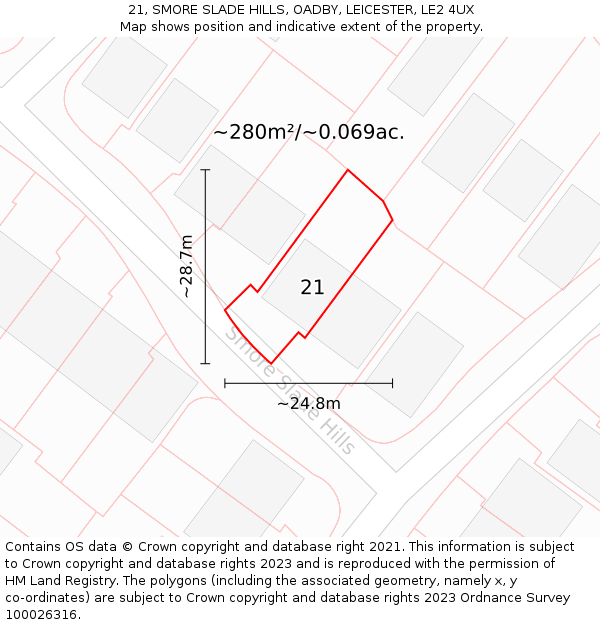 21, SMORE SLADE HILLS, OADBY, LEICESTER, LE2 4UX: Plot and title map