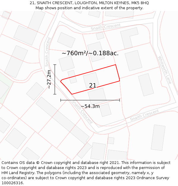 21, SNAITH CRESCENT, LOUGHTON, MILTON KEYNES, MK5 8HQ: Plot and title map