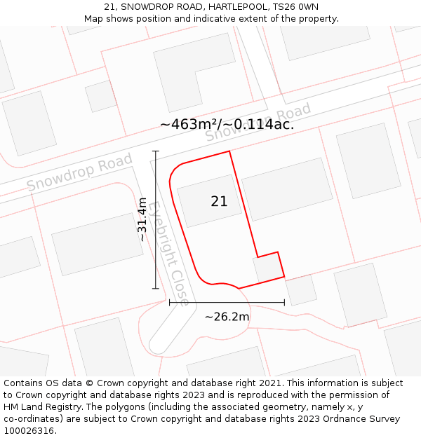 21, SNOWDROP ROAD, HARTLEPOOL, TS26 0WN: Plot and title map