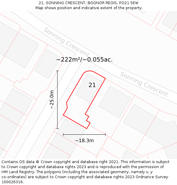21, SONNING CRESCENT, BOGNOR REGIS, PO21 5EW: Plot and title map