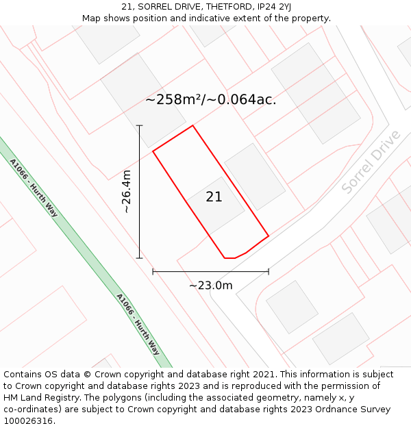 21, SORREL DRIVE, THETFORD, IP24 2YJ: Plot and title map