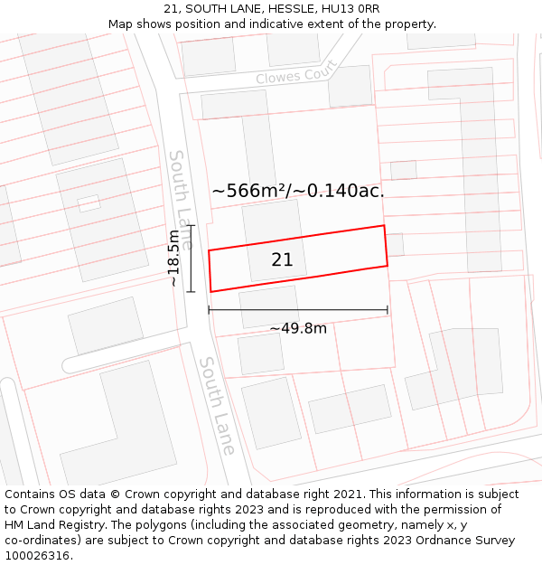 21, SOUTH LANE, HESSLE, HU13 0RR: Plot and title map