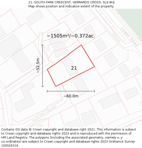 21, SOUTH PARK CRESCENT, GERRARDS CROSS, SL9 8HJ: Plot and title map
