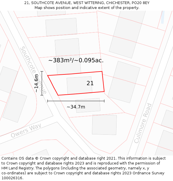 21, SOUTHCOTE AVENUE, WEST WITTERING, CHICHESTER, PO20 8EY: Plot and title map