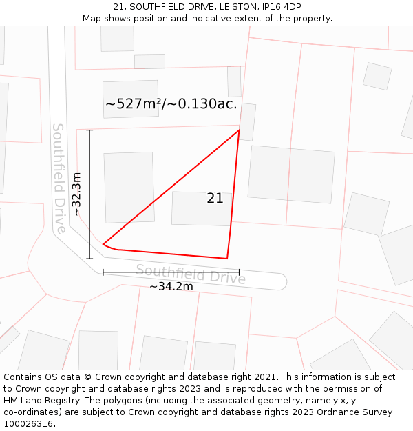 21, SOUTHFIELD DRIVE, LEISTON, IP16 4DP: Plot and title map