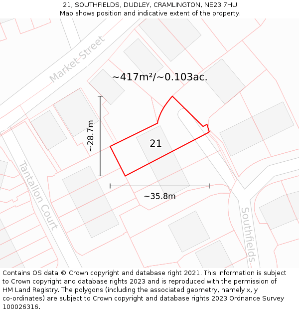 21, SOUTHFIELDS, DUDLEY, CRAMLINGTON, NE23 7HU: Plot and title map