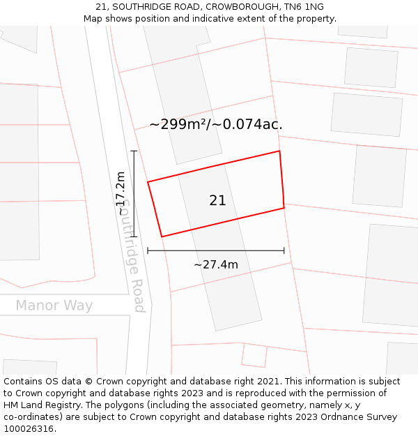 21, SOUTHRIDGE ROAD, CROWBOROUGH, TN6 1NG: Plot and title map