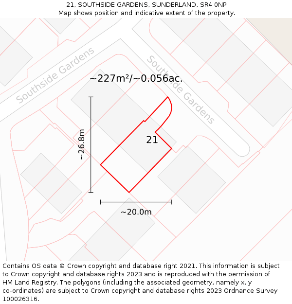 21, SOUTHSIDE GARDENS, SUNDERLAND, SR4 0NP: Plot and title map