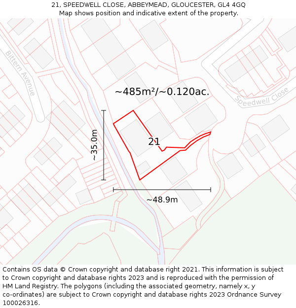 21, SPEEDWELL CLOSE, ABBEYMEAD, GLOUCESTER, GL4 4GQ: Plot and title map