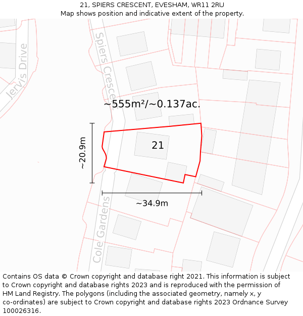 21, SPIERS CRESCENT, EVESHAM, WR11 2RU: Plot and title map