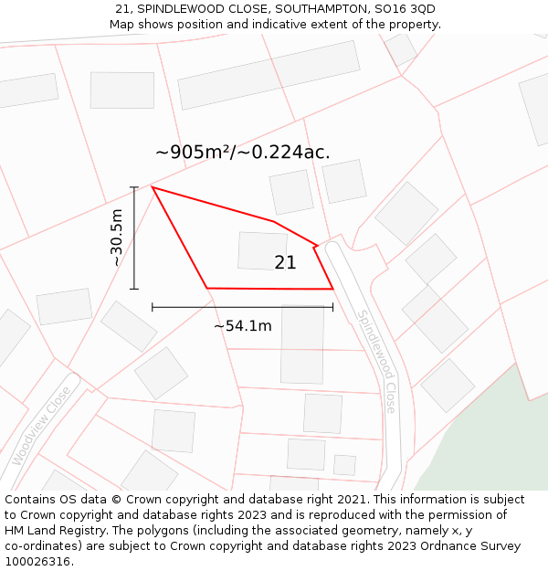 21, SPINDLEWOOD CLOSE, SOUTHAMPTON, SO16 3QD: Plot and title map