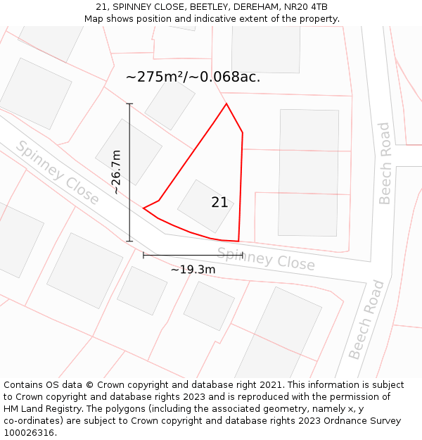21, SPINNEY CLOSE, BEETLEY, DEREHAM, NR20 4TB: Plot and title map