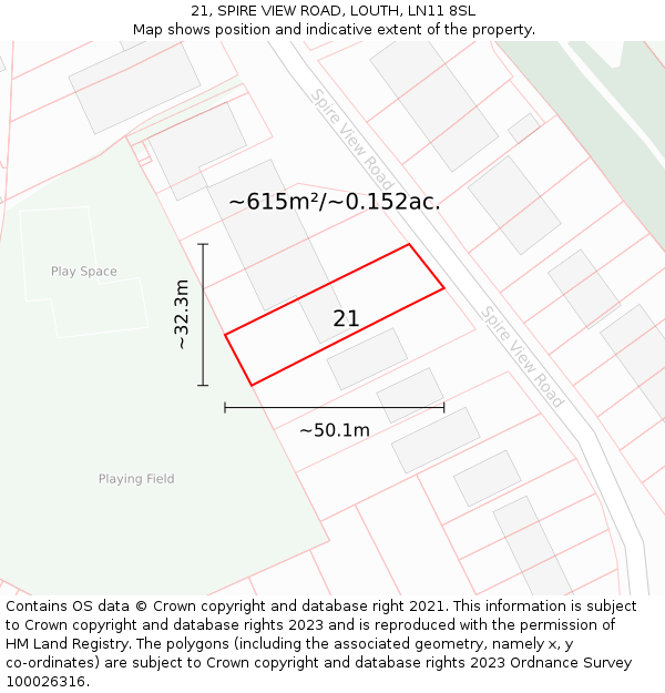 21, SPIRE VIEW ROAD, LOUTH, LN11 8SL: Plot and title map