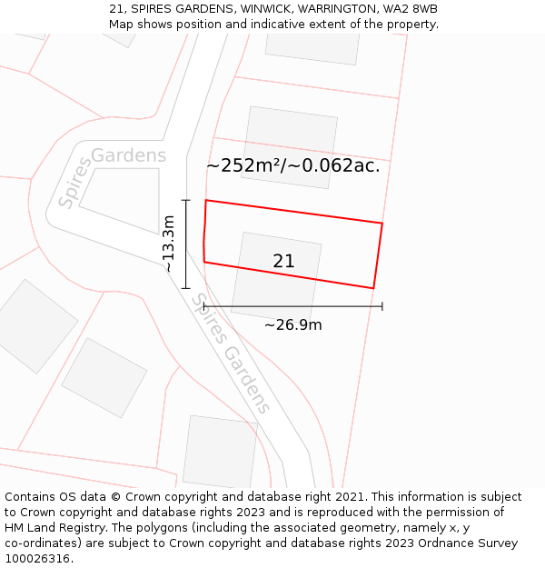 21, SPIRES GARDENS, WINWICK, WARRINGTON, WA2 8WB: Plot and title map