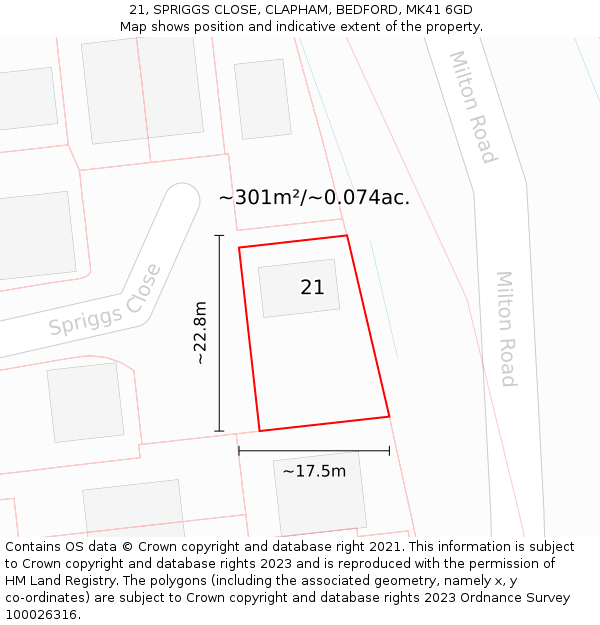21, SPRIGGS CLOSE, CLAPHAM, BEDFORD, MK41 6GD: Plot and title map