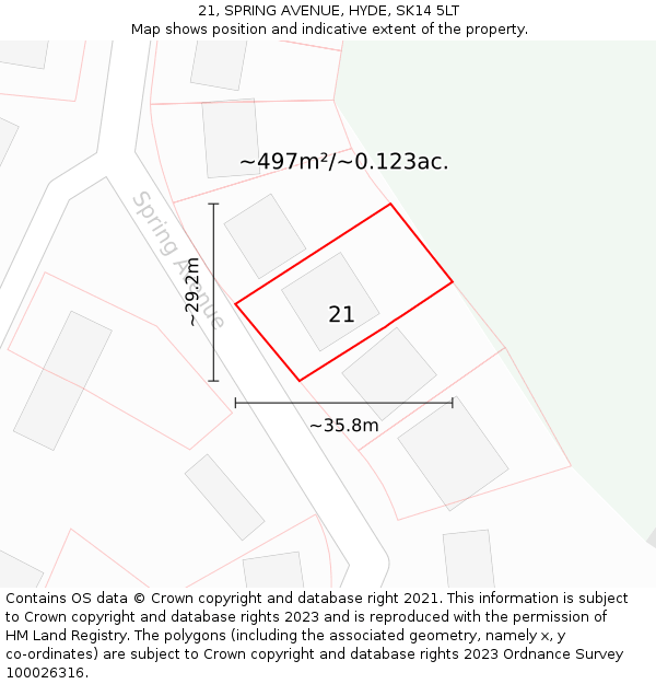 21, SPRING AVENUE, HYDE, SK14 5LT: Plot and title map