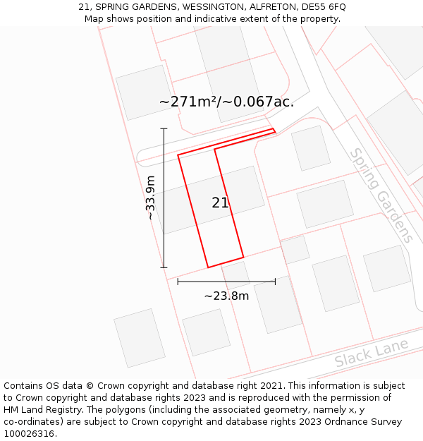 21, SPRING GARDENS, WESSINGTON, ALFRETON, DE55 6FQ: Plot and title map