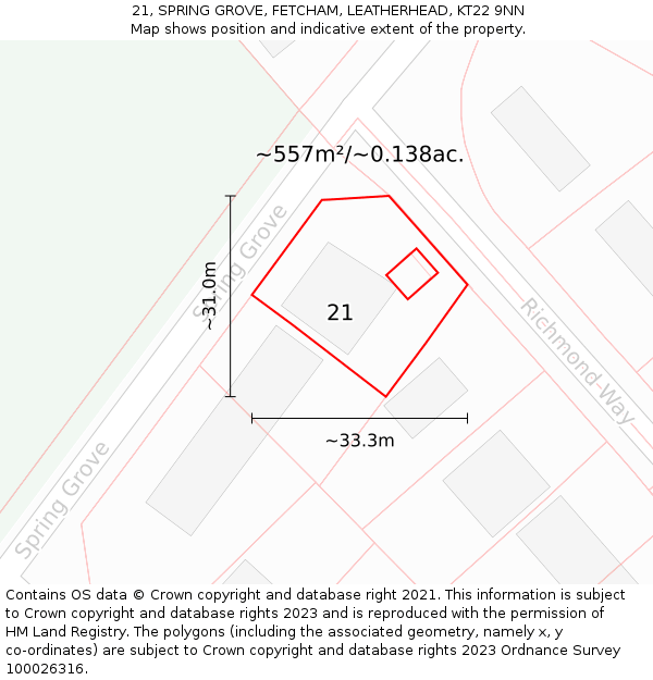 21, SPRING GROVE, FETCHAM, LEATHERHEAD, KT22 9NN: Plot and title map