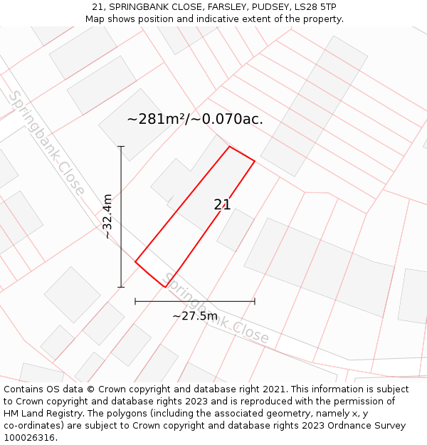 21, SPRINGBANK CLOSE, FARSLEY, PUDSEY, LS28 5TP: Plot and title map