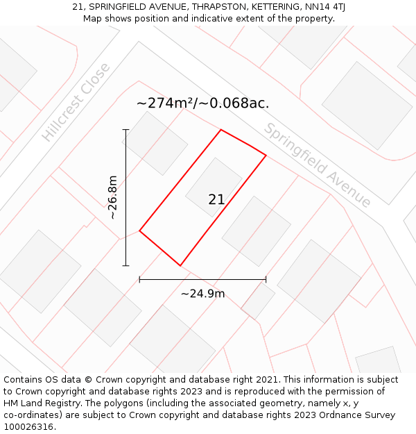 21, SPRINGFIELD AVENUE, THRAPSTON, KETTERING, NN14 4TJ: Plot and title map