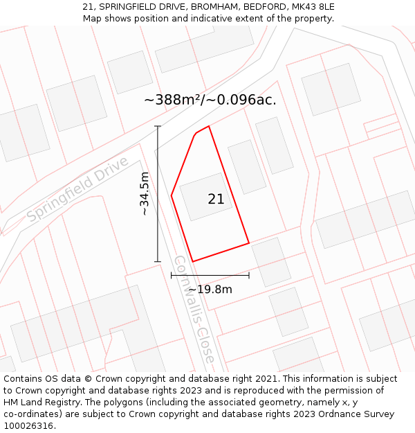 21, SPRINGFIELD DRIVE, BROMHAM, BEDFORD, MK43 8LE: Plot and title map