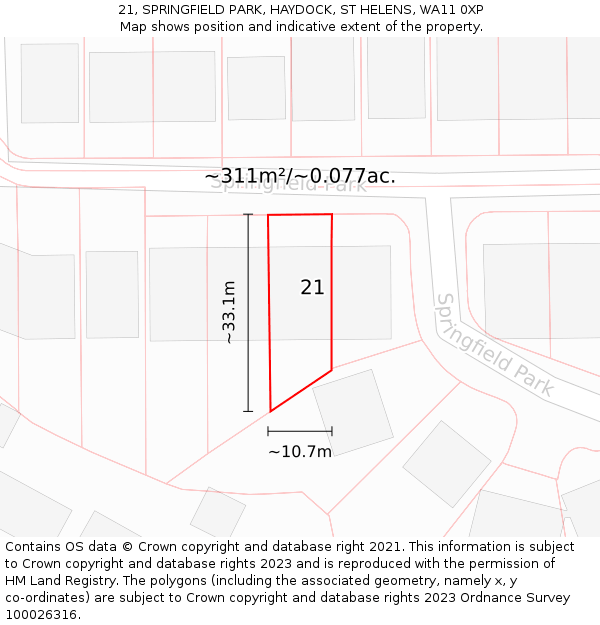 21, SPRINGFIELD PARK, HAYDOCK, ST HELENS, WA11 0XP: Plot and title map