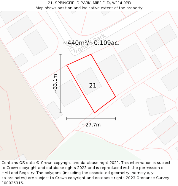 21, SPRINGFIELD PARK, MIRFIELD, WF14 9PD: Plot and title map
