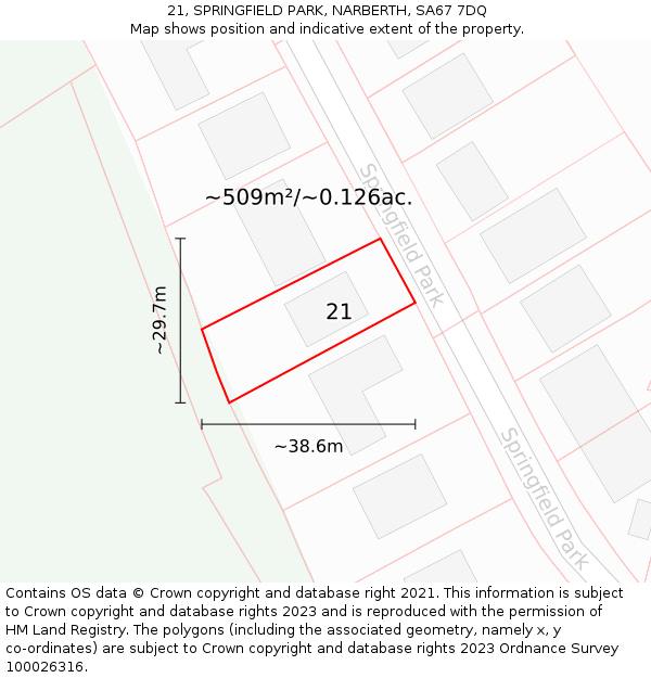 21, SPRINGFIELD PARK, NARBERTH, SA67 7DQ: Plot and title map
