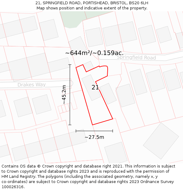 21, SPRINGFIELD ROAD, PORTISHEAD, BRISTOL, BS20 6LH: Plot and title map